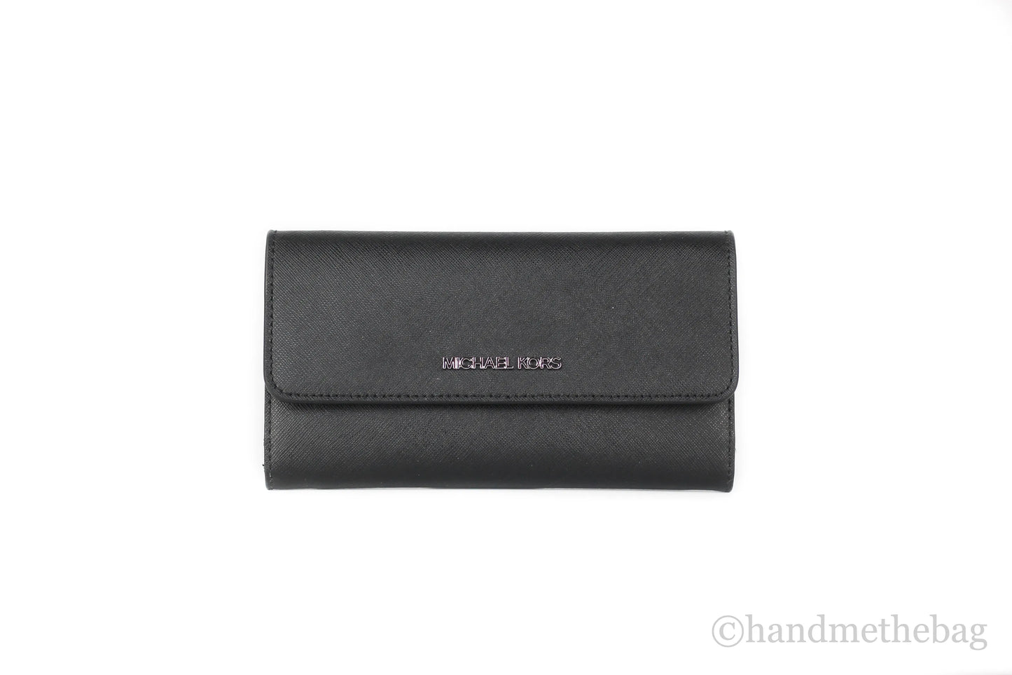 Michael Kors Jet Set Leather Solid Black Silver Trifold Wallet Clutch