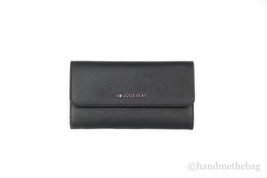 Michael Kors Jet Set Leather Solid Black Silver Trifold Wallet Clutch