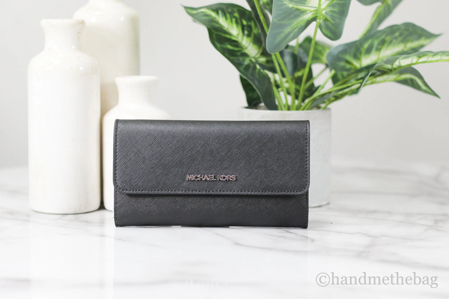 Michael Kors Jet Set Leather Solid Black Silver Trifold Wallet Clutch