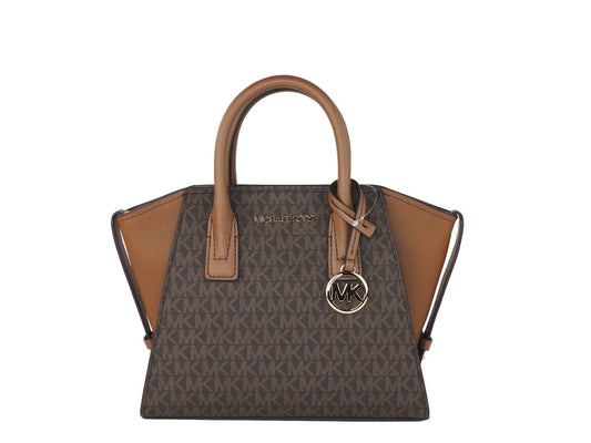 Michael Kors Avril Brown Signature PVC Leather Top Zip Satchel Convertible Handbag