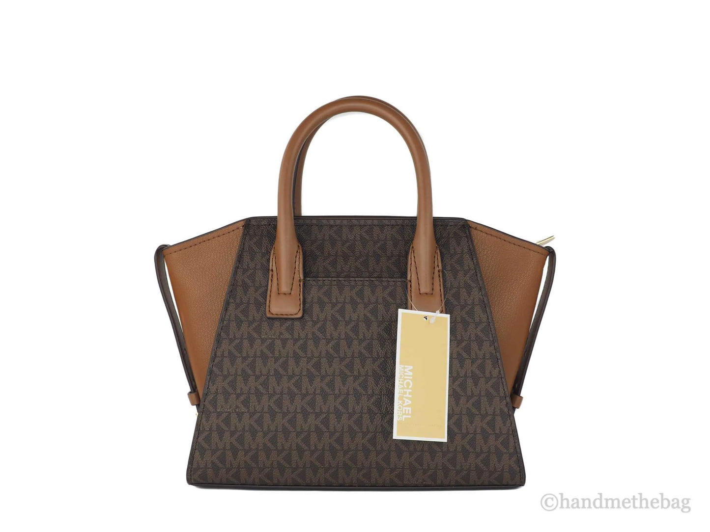 Michael Kors Avril Brown Signature PVC Leather Top Zip Satchel Convertible Handbag