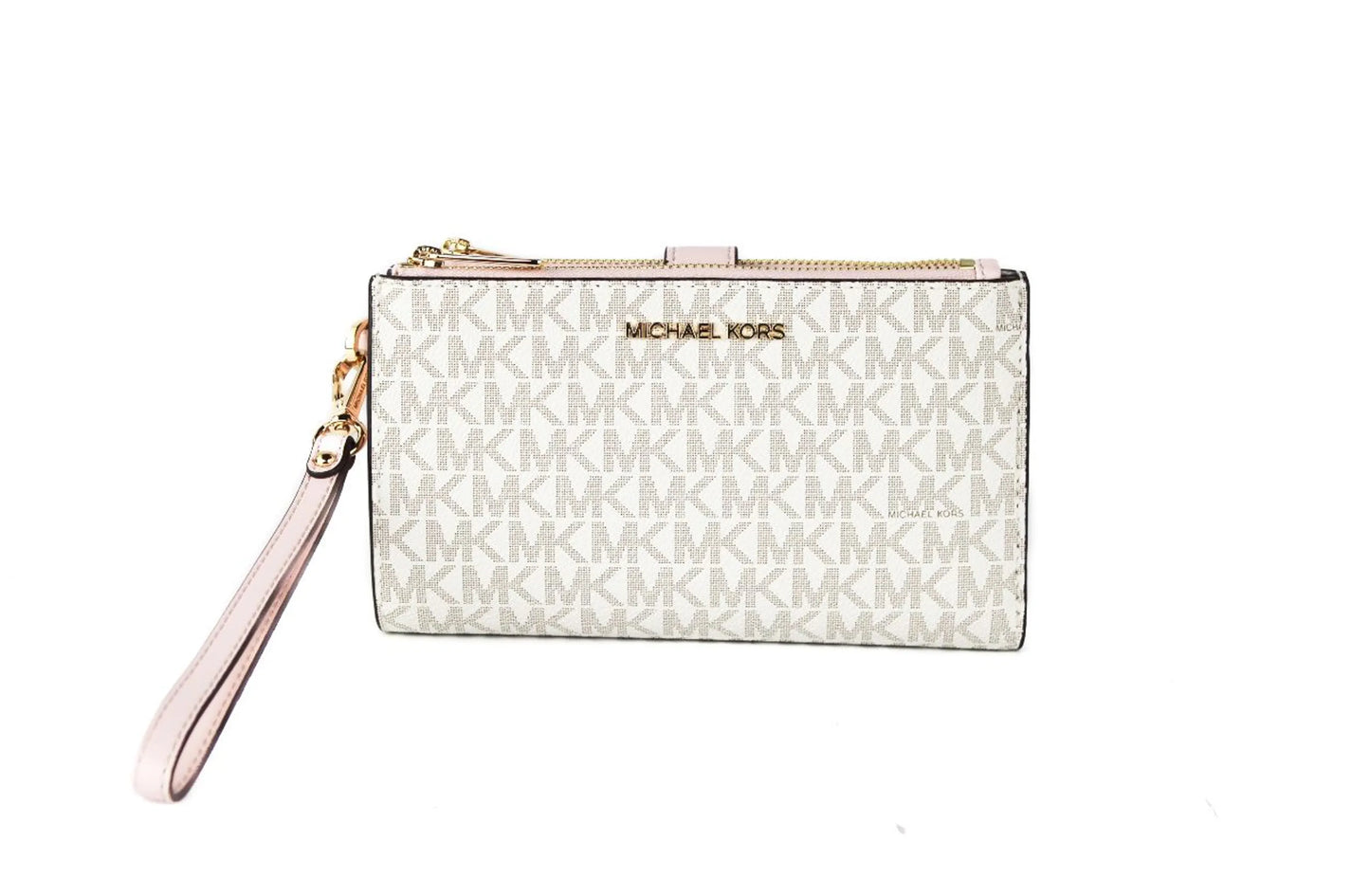 Michael Kors Jet Set Vanilla PVC Pink Leather Double Zip Wristlet Wallet