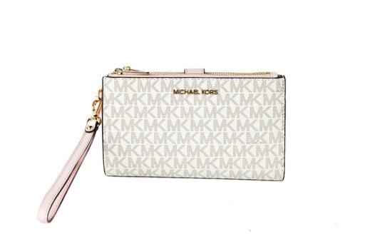 Michael Kors Jet Set Vanilla PVC Pink Leather Double Zip Wristlet Wallet