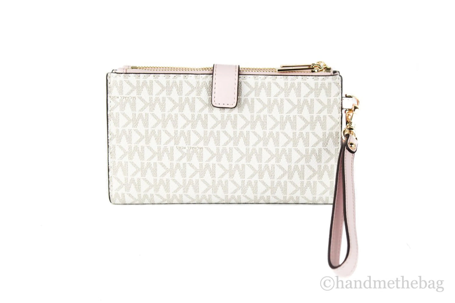 Michael Kors Jet Set Vanilla PVC Pink Leather Double Zip Wristlet Wallet