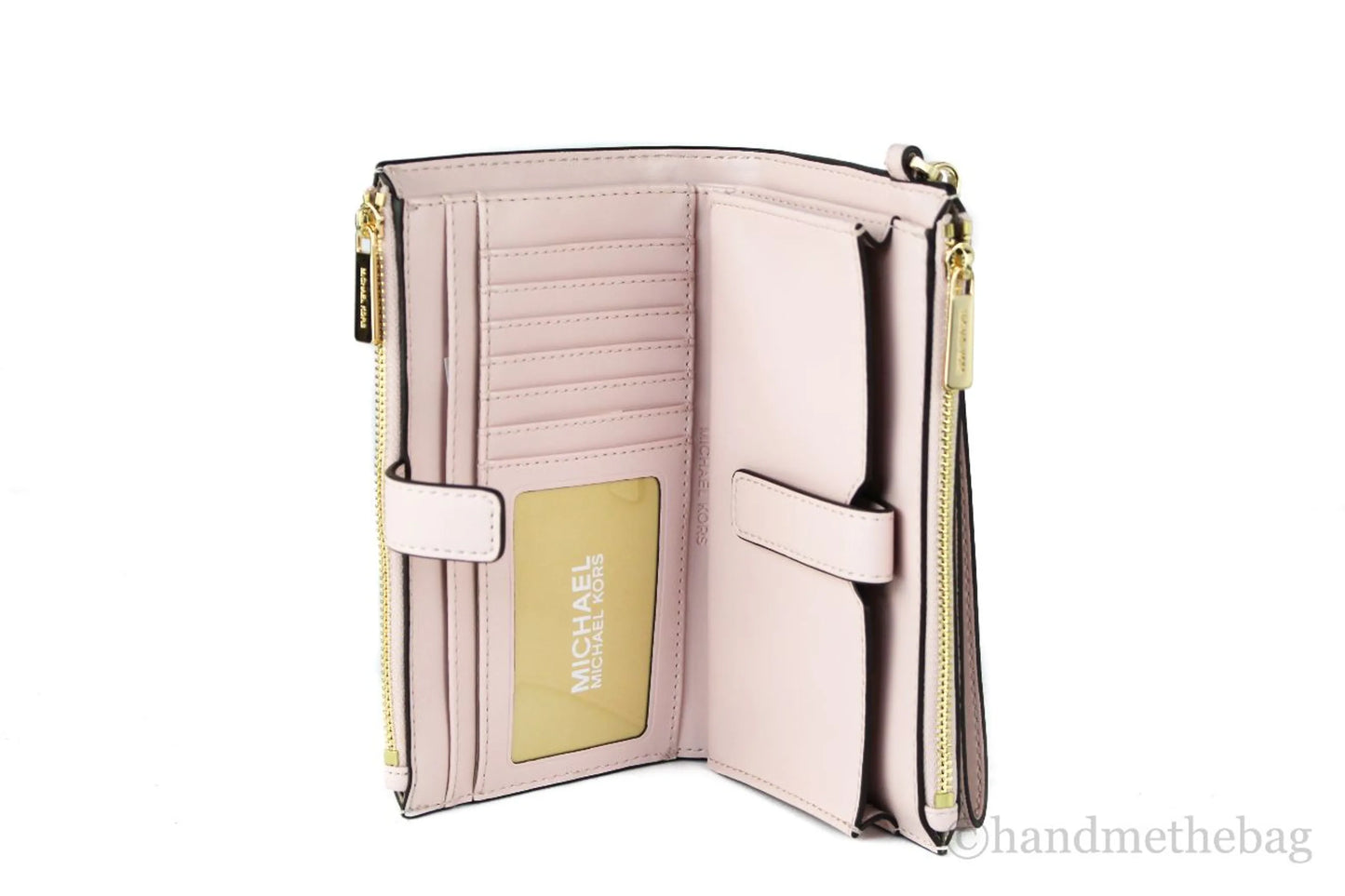 Michael Kors Jet Set Vanilla PVC Pink Leather Double Zip Wristlet Wallet