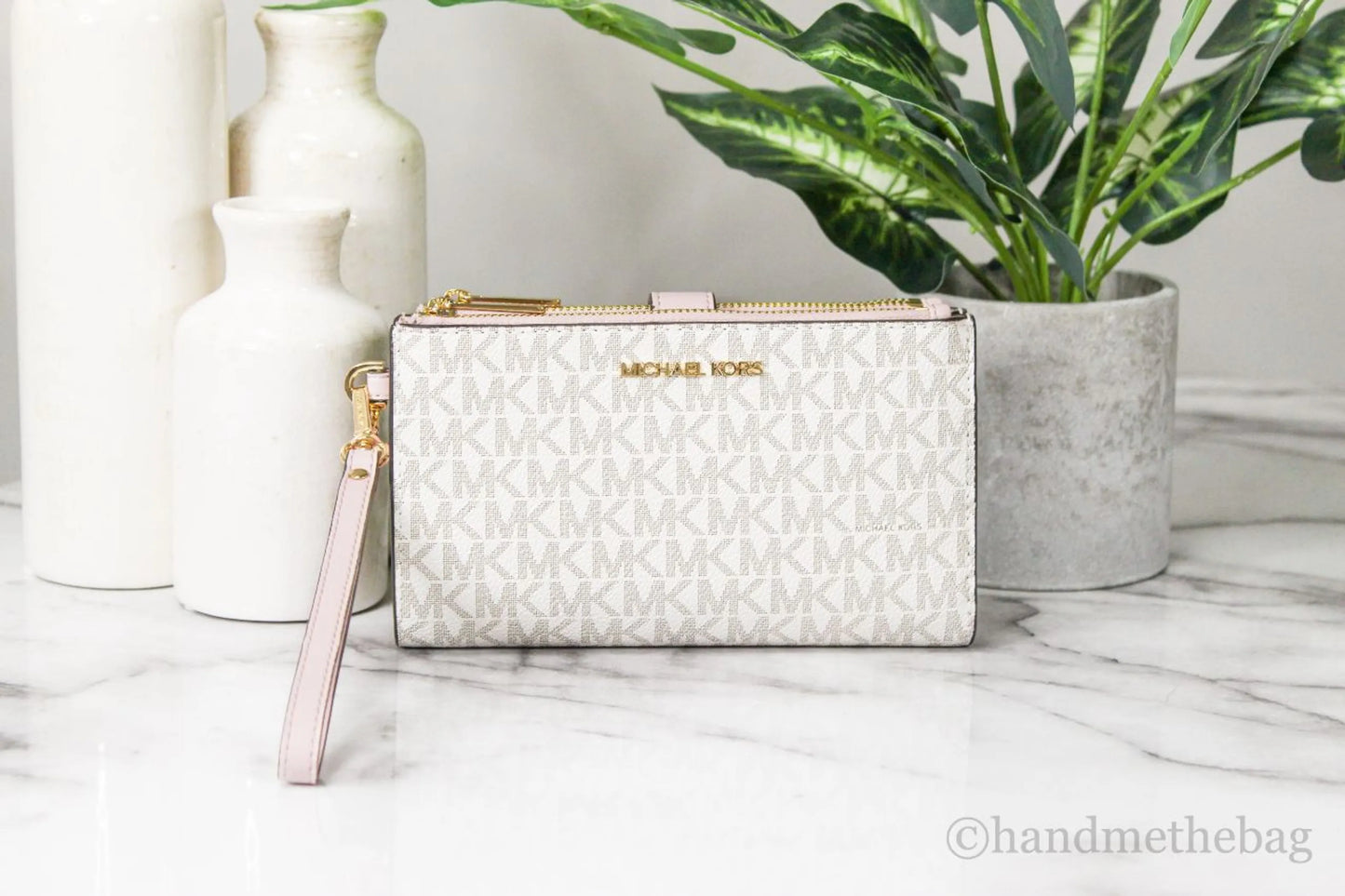 Michael Kors Jet Set Vanilla PVC Pink Leather Double Zip Wristlet Wallet