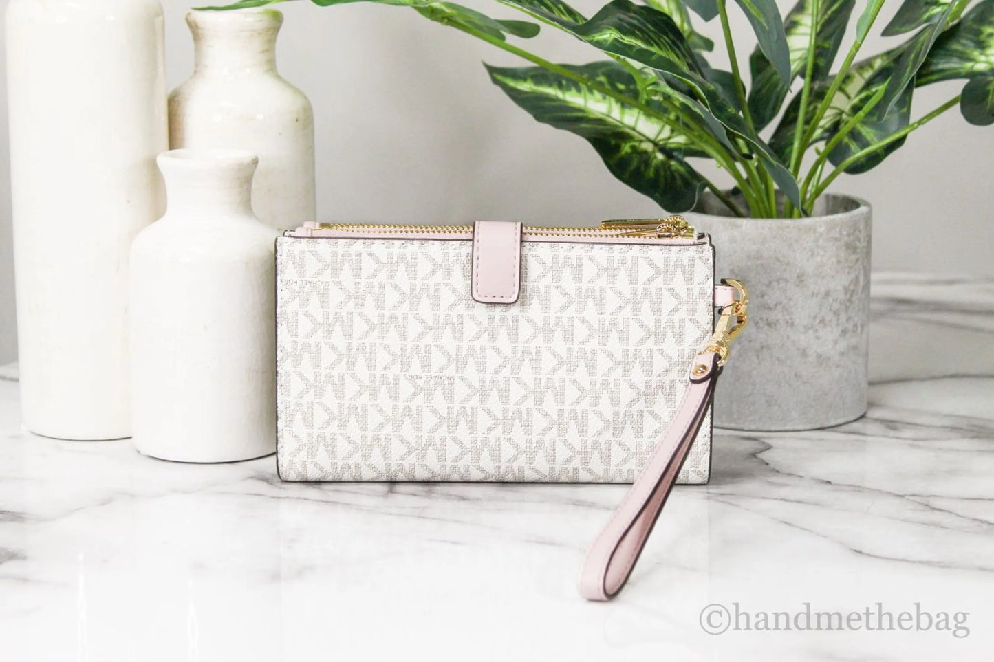 Michael Kors Jet Set Vanilla PVC Pink Leather Double Zip Wristlet Wallet