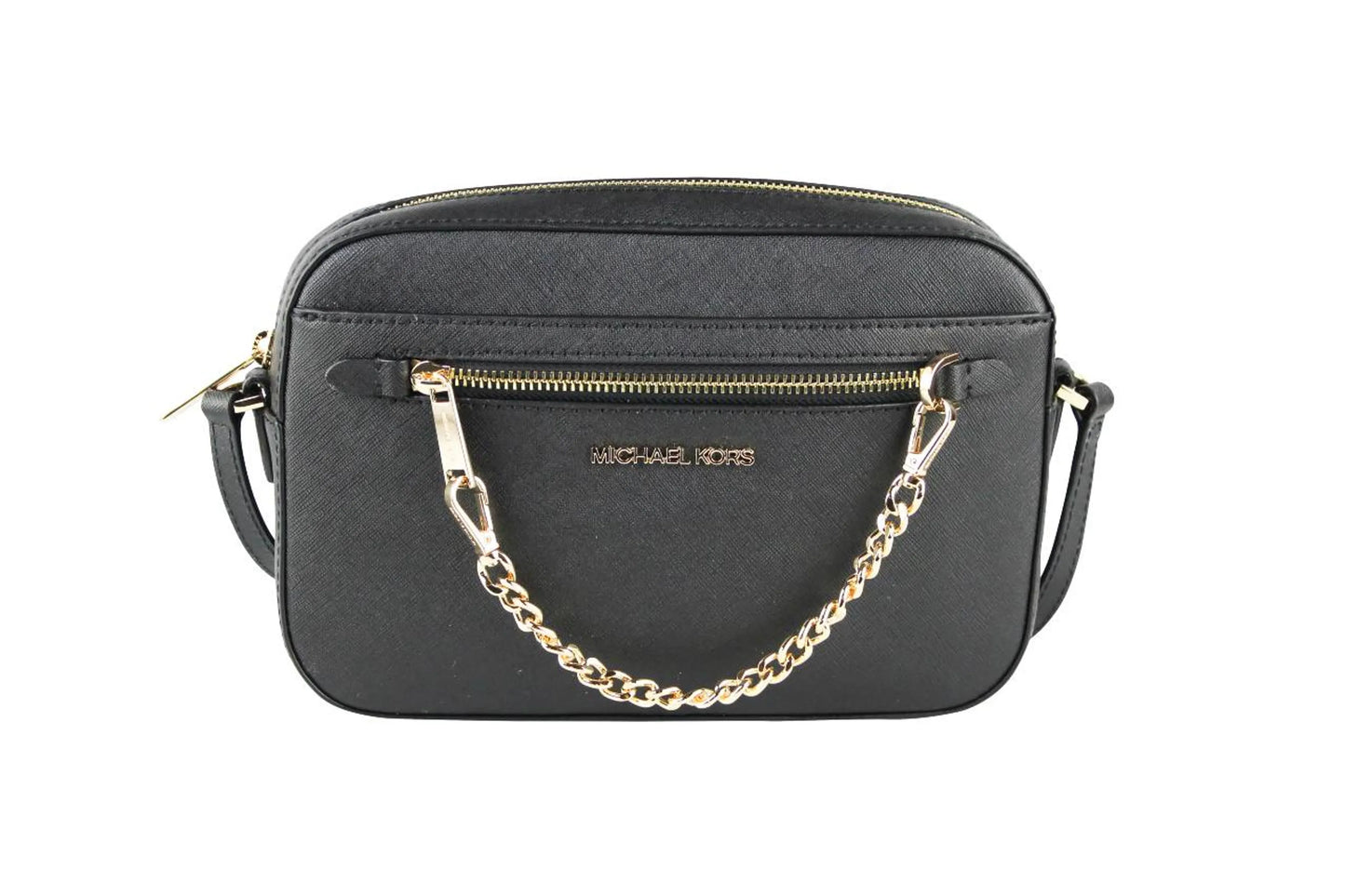 Michael Kors Jet Set East West Black Gold Saffiano Zip Chain Crossbody Handbag