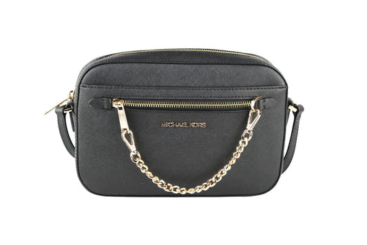 Michael Kors Jet Set East West Black Gold Saffiano Zip Chain Crossbody Handbag