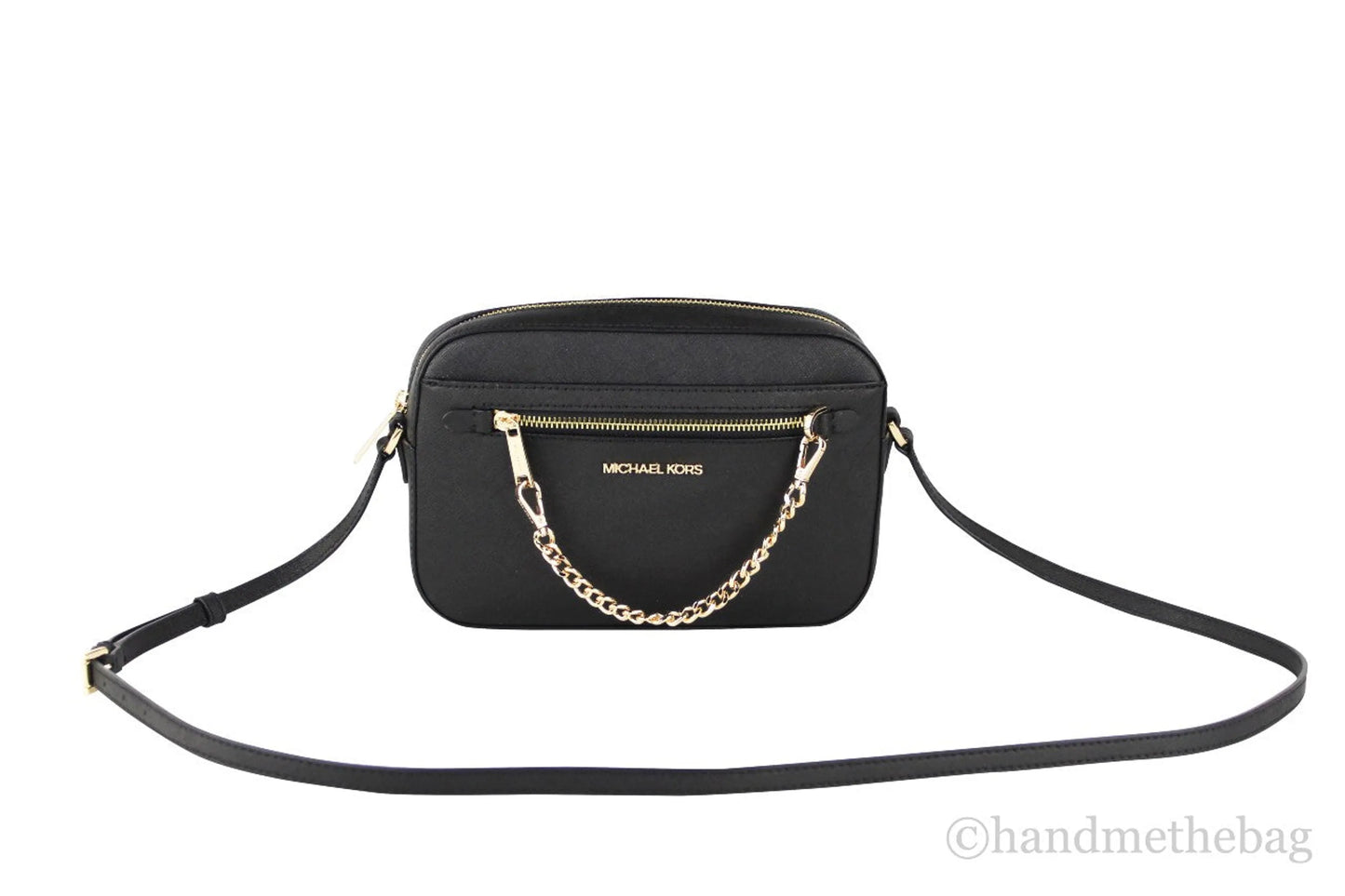 Michael Kors Jet Set East West Black Gold Saffiano Zip Chain Crossbody Handbag