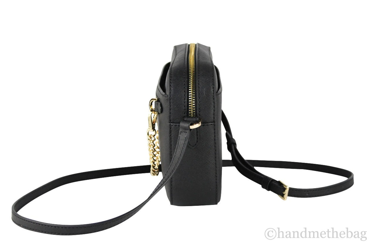 Michael Kors Jet Set East West Black Gold Saffiano Zip Chain Crossbody Handbag
