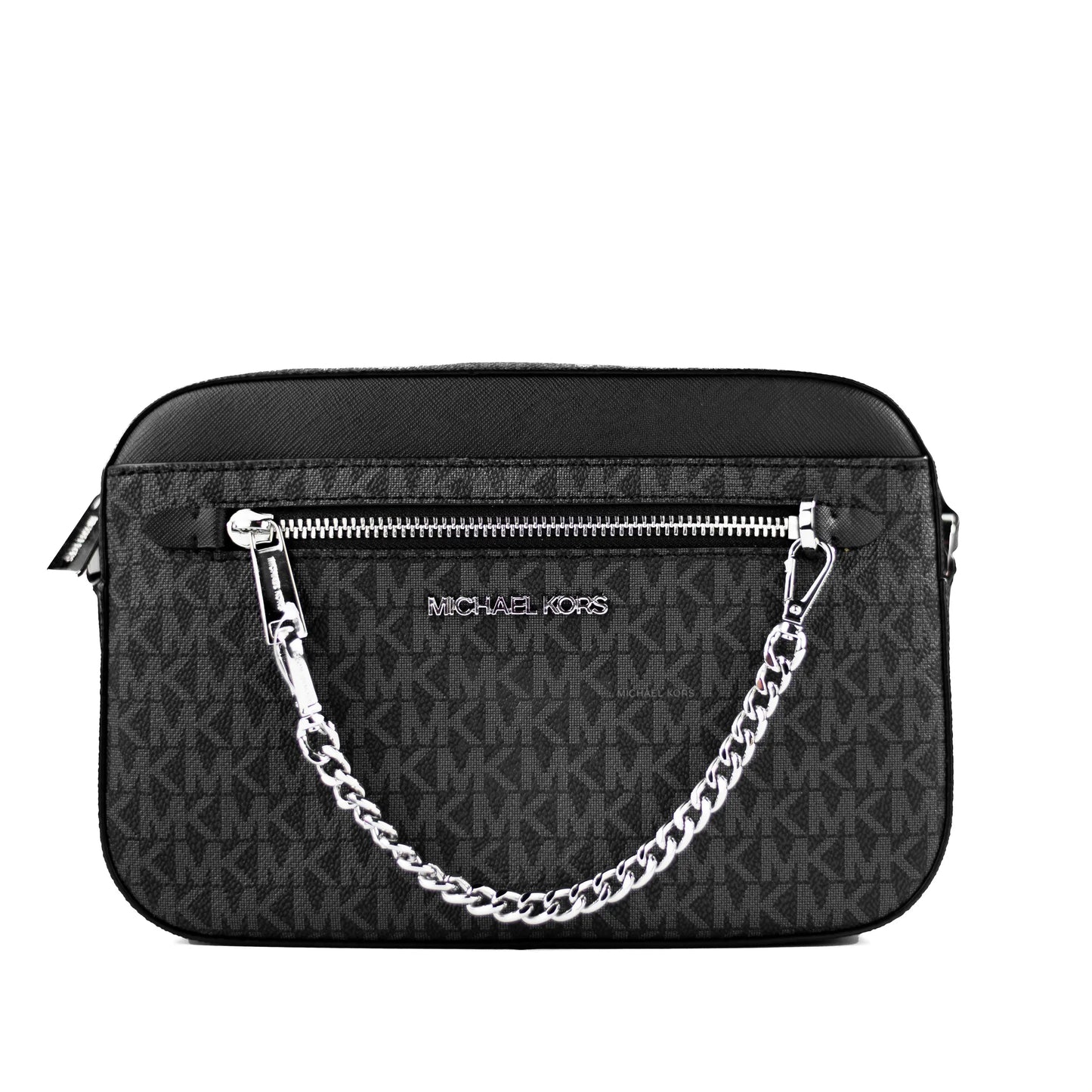 Michael Kors Jet Set East West Black Signature Leather Zip Chain Crossbody Bag