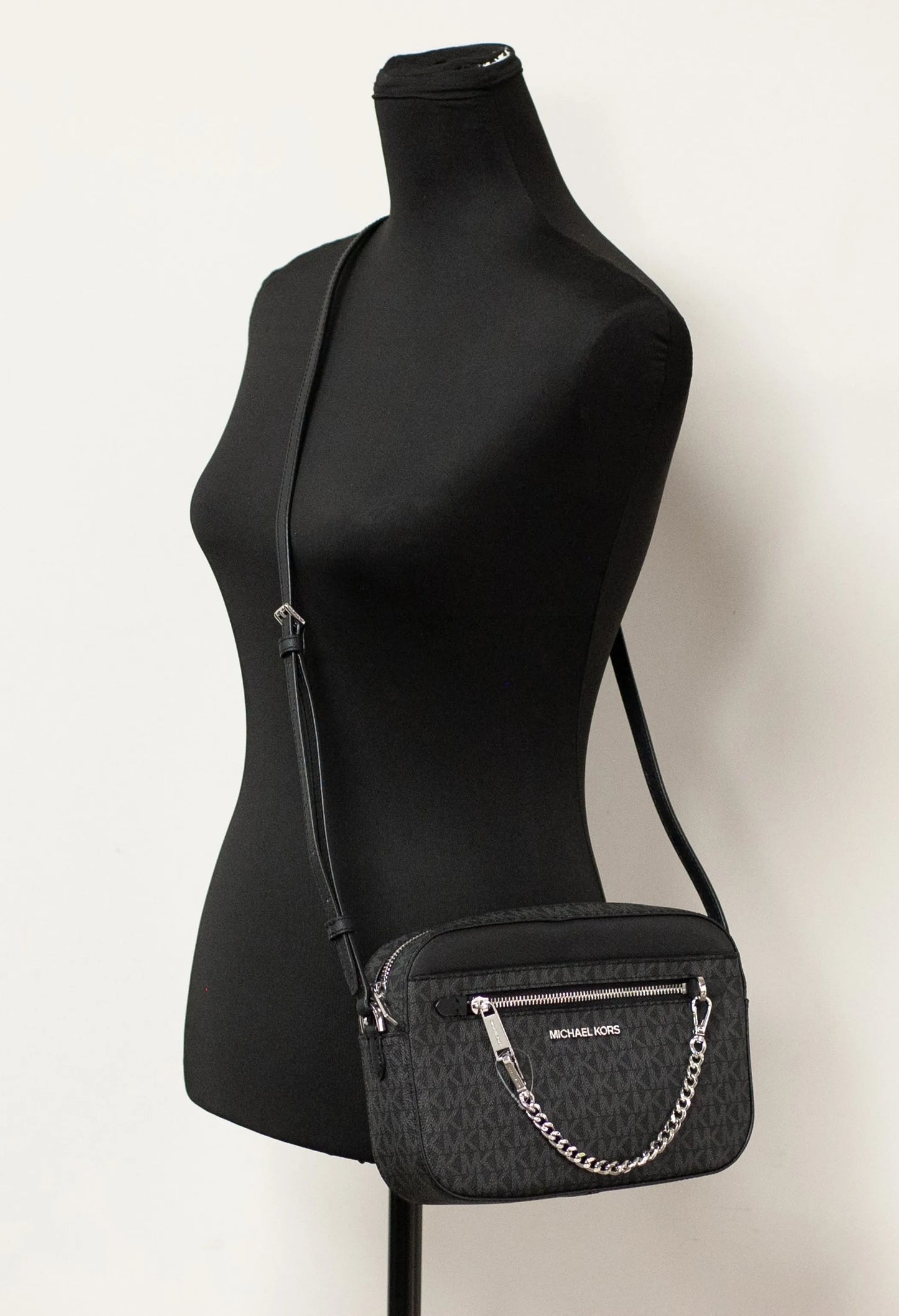Michael Kors Jet Set East West Black Signature Leather Zip Chain Crossbody Bag