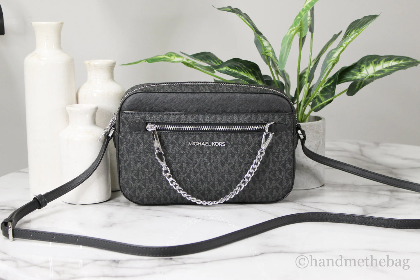 Michael Kors Jet Set East West Black Signature Leather Zip Chain Crossbody Bag