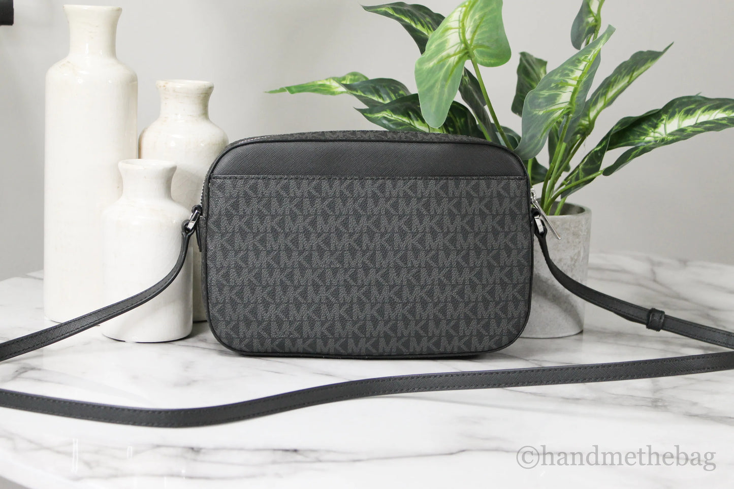 Michael Kors Jet Set East West Black Signature Leather Zip Chain Crossbody Bag