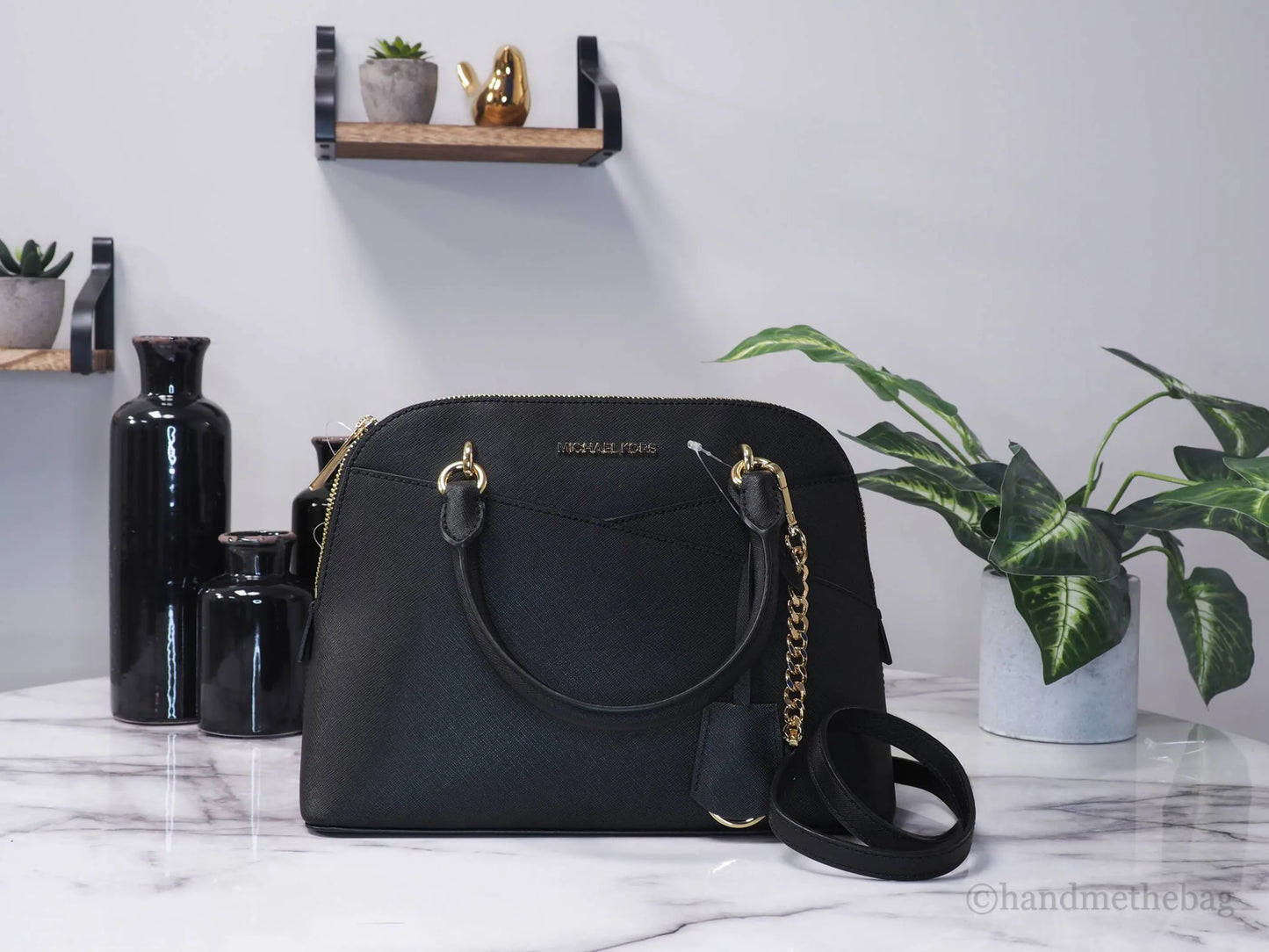 Michael Kors Jet Set Travel Black Saffiano Dome X Cross Convertible Satchel Handbag
