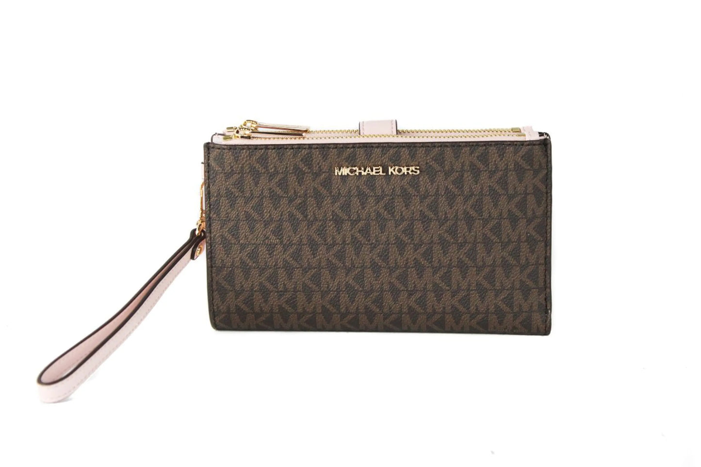 Michael Kors Jet Set Brown Logo Pink Leather Double Zip Wristlet Wallet