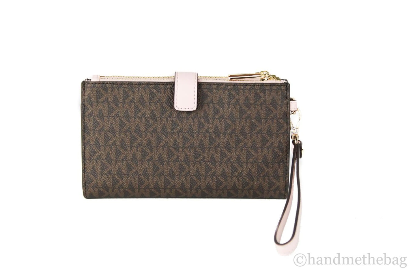 Michael Kors Jet Set Brown Logo Pink Leather Double Zip Wristlet Wallet