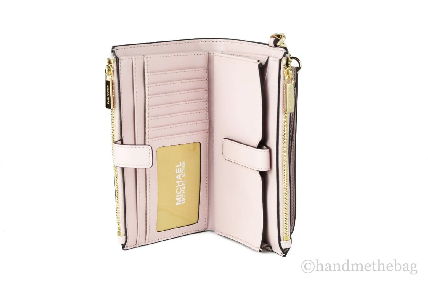 Michael Kors Jet Set Brown Logo Pink Leather Double Zip Wristlet Wallet