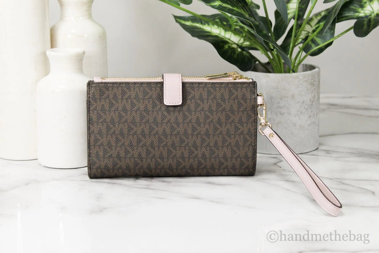 Michael Kors Jet Set Brown Logo Pink Leather Double Zip Wristlet Wallet