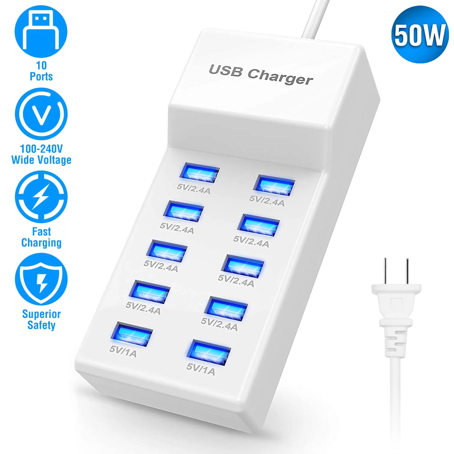 10 Ports USB Charging Station Hub 50W USB Wall Charger