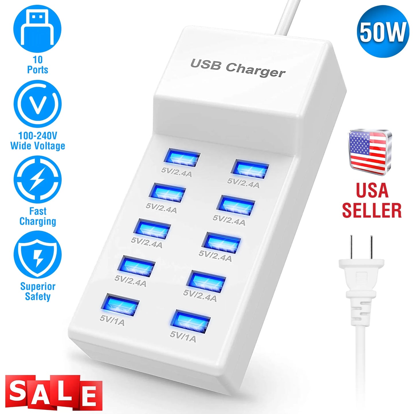 10 Ports USB Charging Station Hub 50W USB Wall Charger