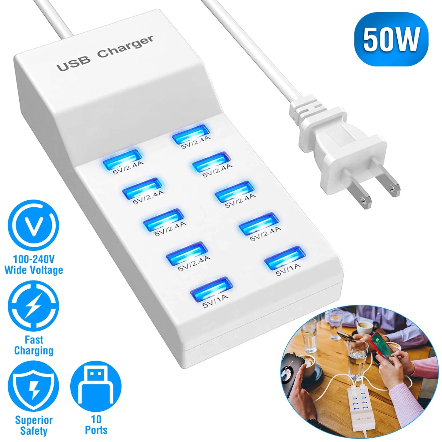 10 Ports USB Charging Station Hub 50W USB Wall Charger