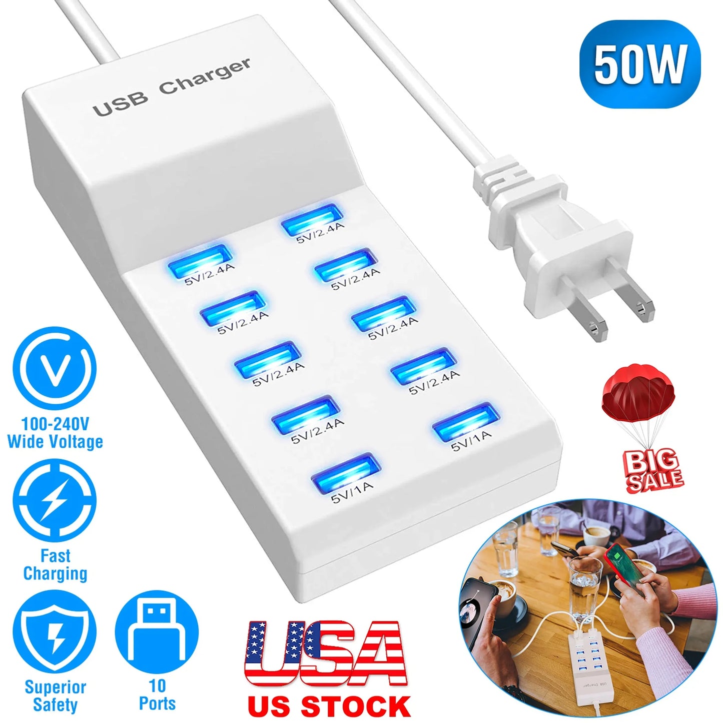 10 Ports USB Charging Station Hub 50W USB Wall Charger