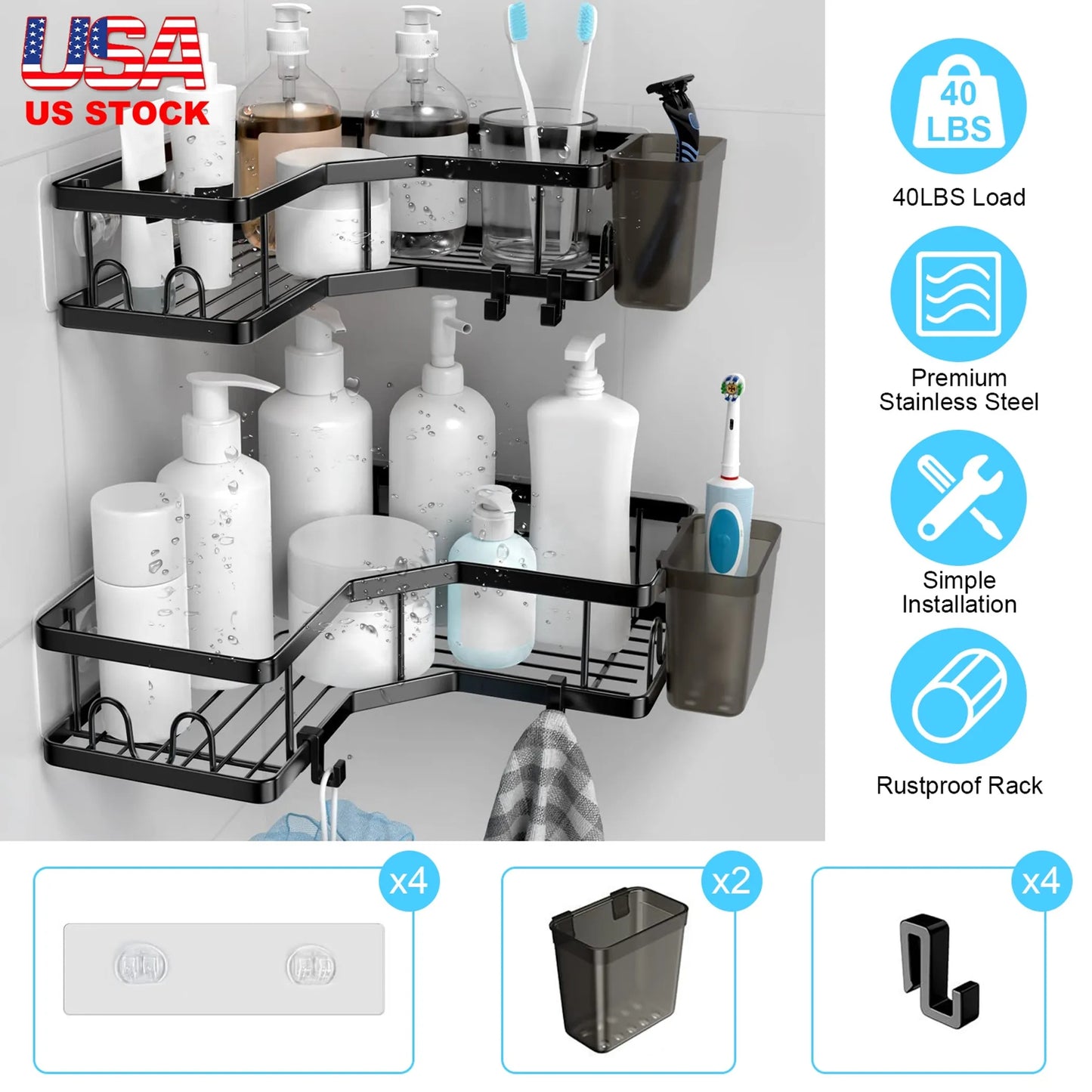 2Pcs Corner Shower Caddy Anti-Rust