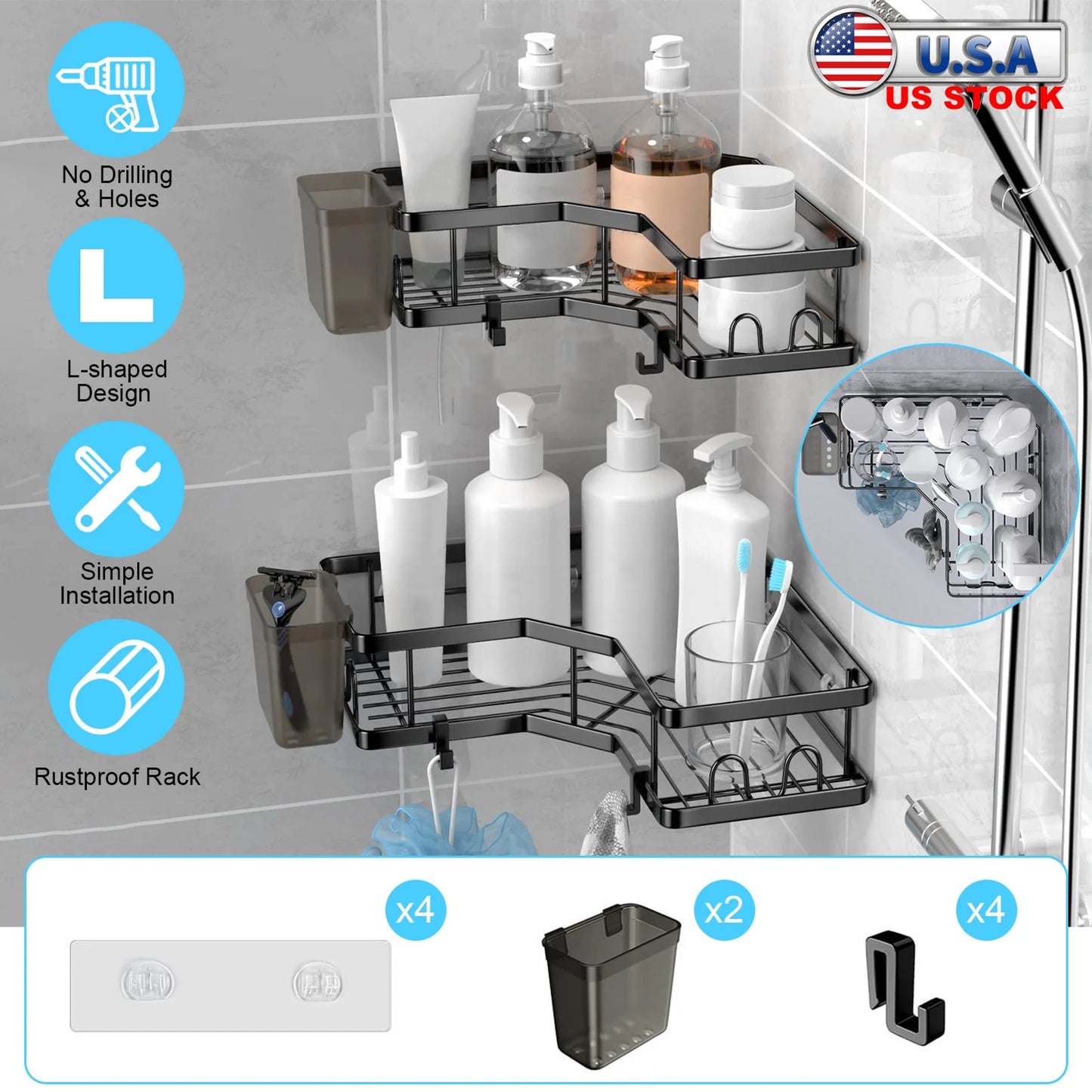 2Pcs Corner Shower Caddy Anti-Rust