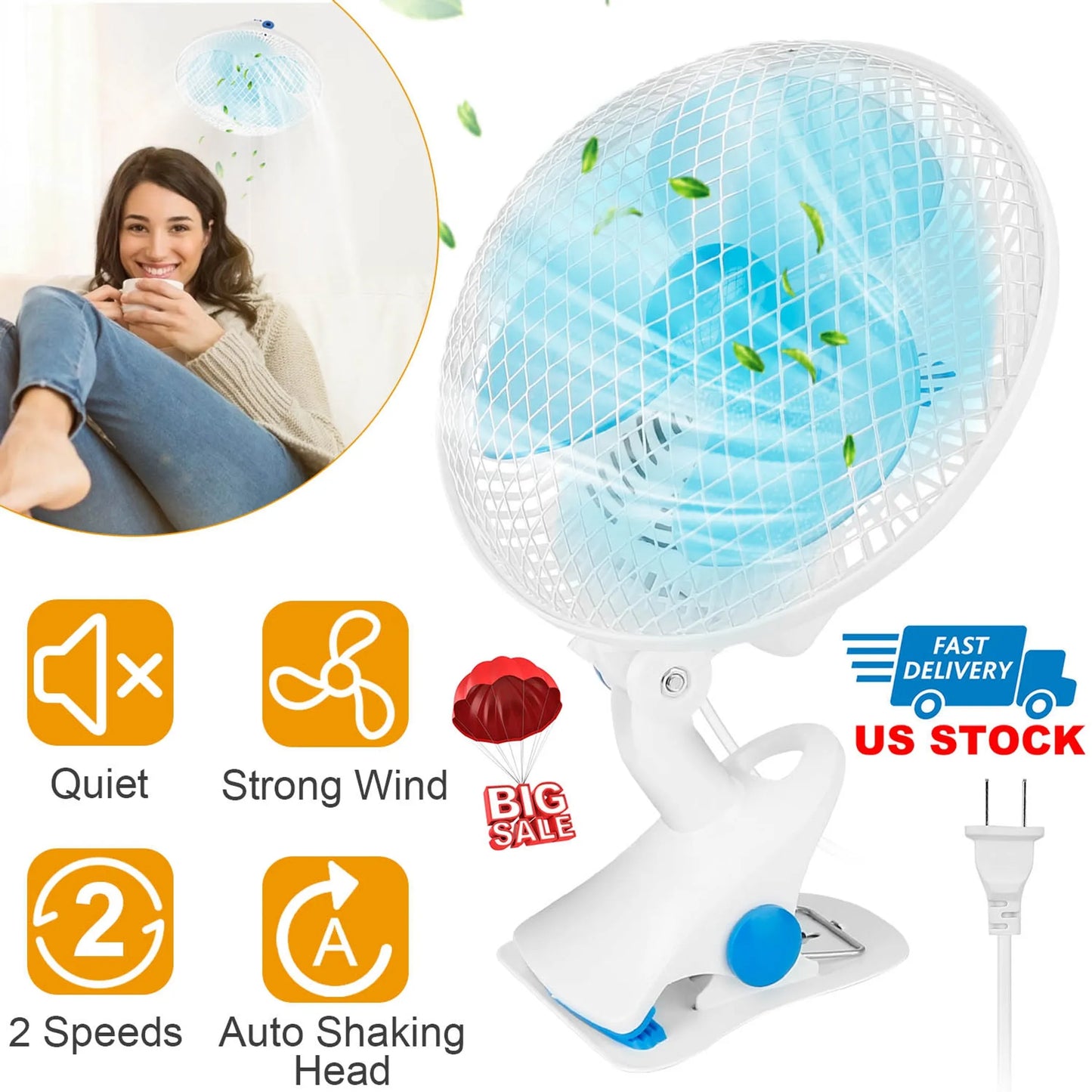 Clip On Fan 2 Speeds Quiet Clamp Fan