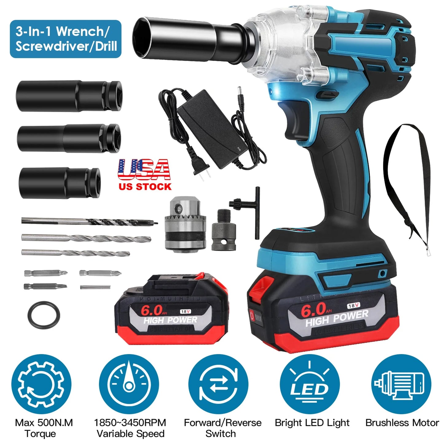 3-In-1 Cordless Electric Impact Wrench Drill Screwdriver