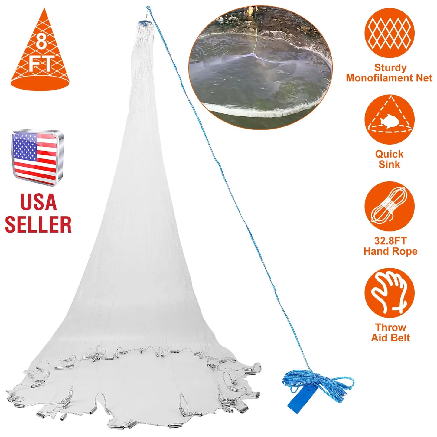 8ft Radius Fishing Cast Net