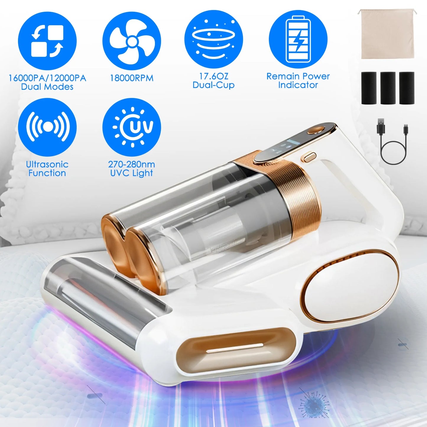 Mattress Vacuum Cleaner 16Kpa Bed Vacuum Cleaner Handheld Vacuums