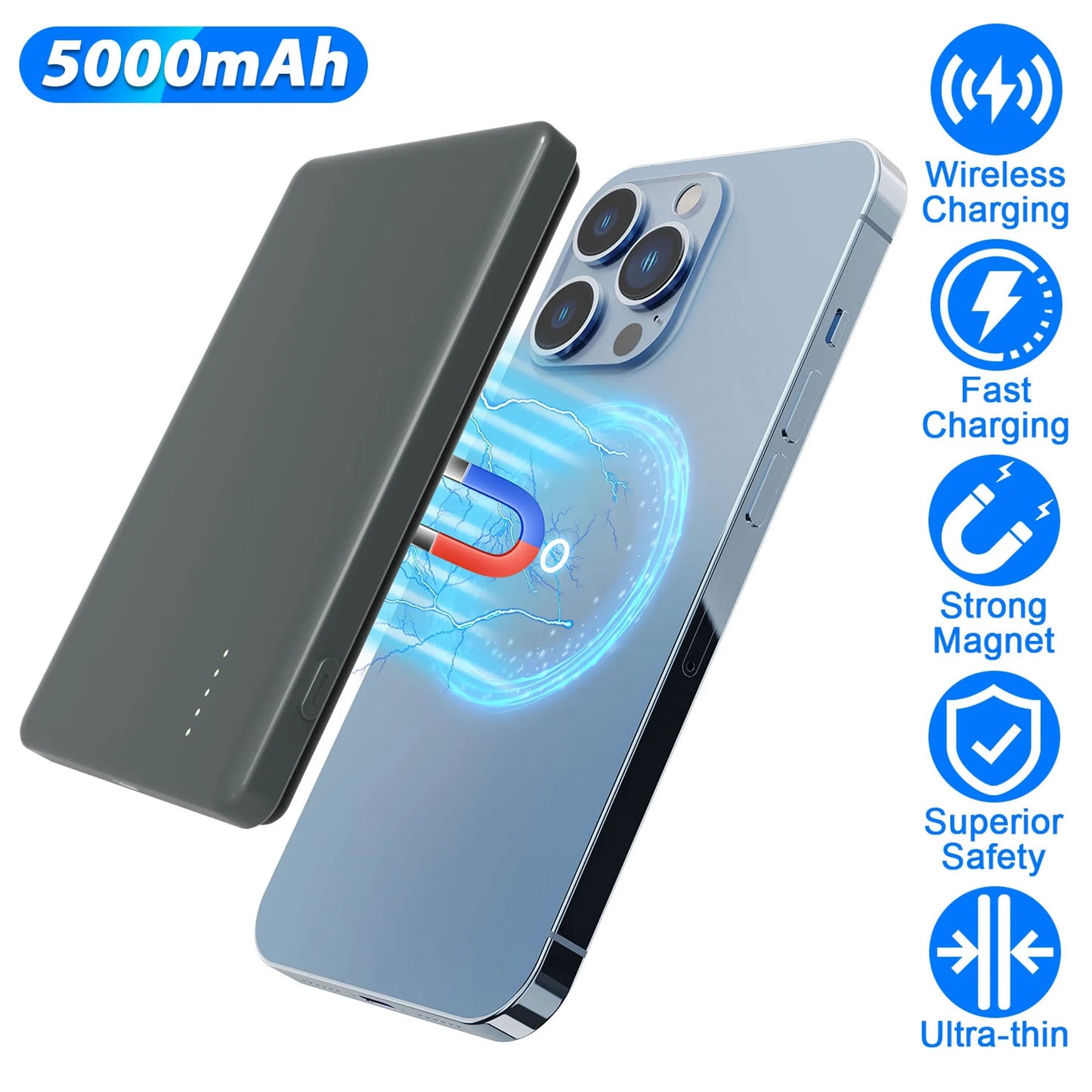 2 In 1 5000mAh 8MM Slim MagSafe Wireless Power Bank