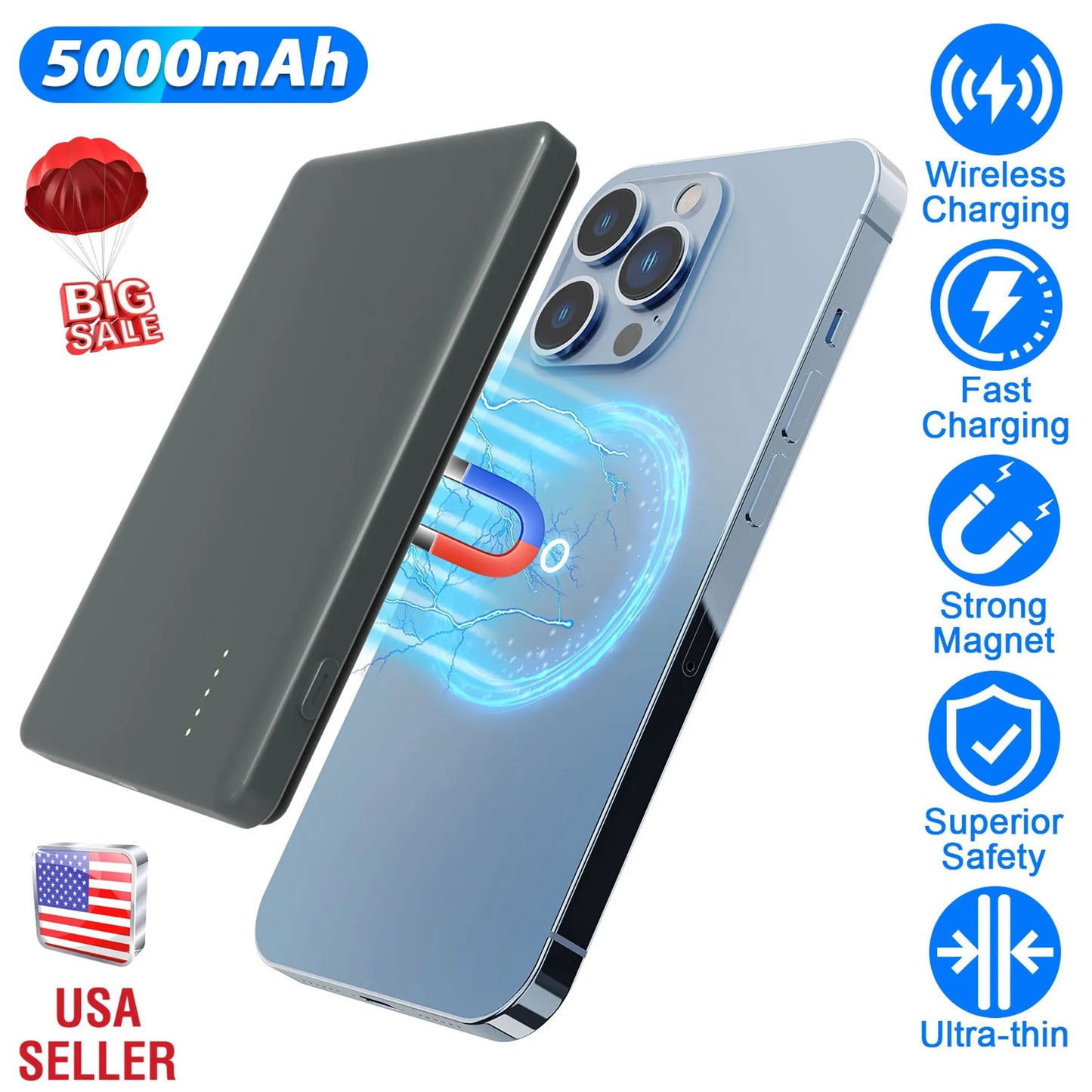 2 In 1 5000mAh 8MM Slim MagSafe Wireless Power Bank