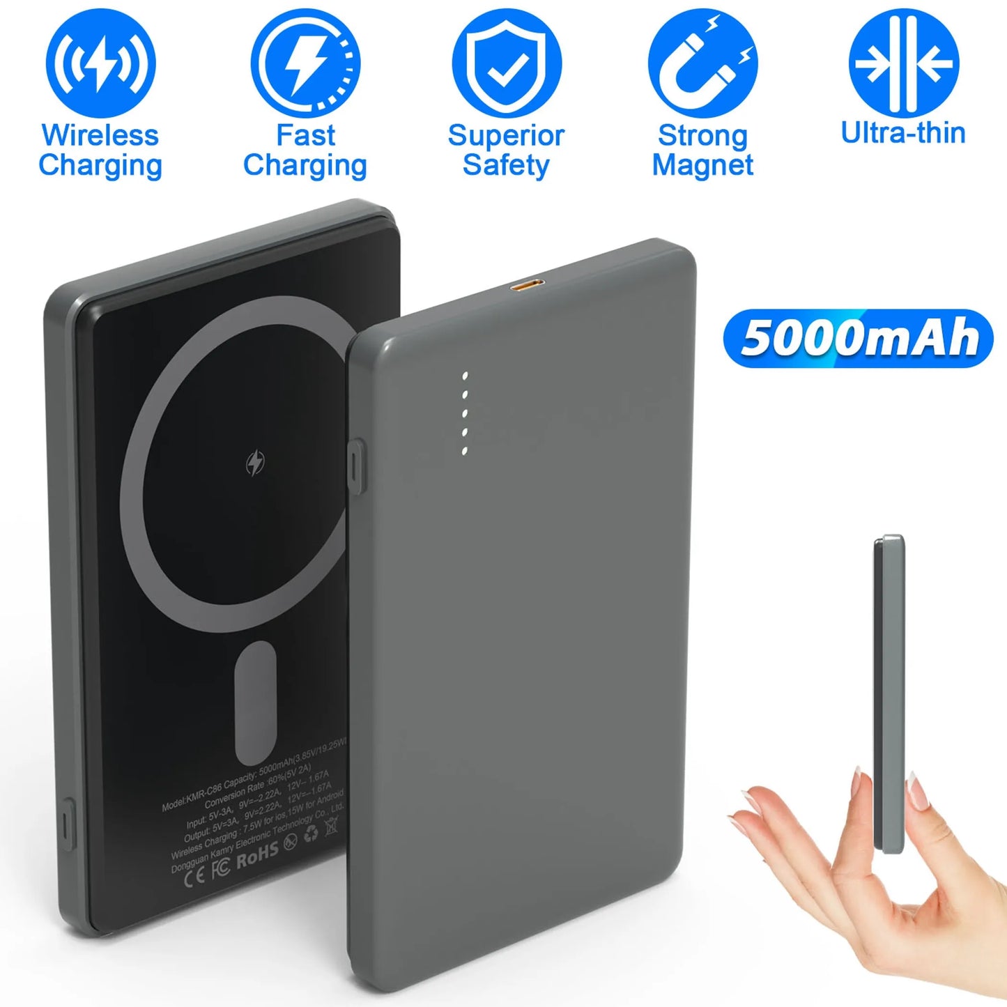 2 In 1 5000mAh 8MM Slim MagSafe Wireless Power Bank