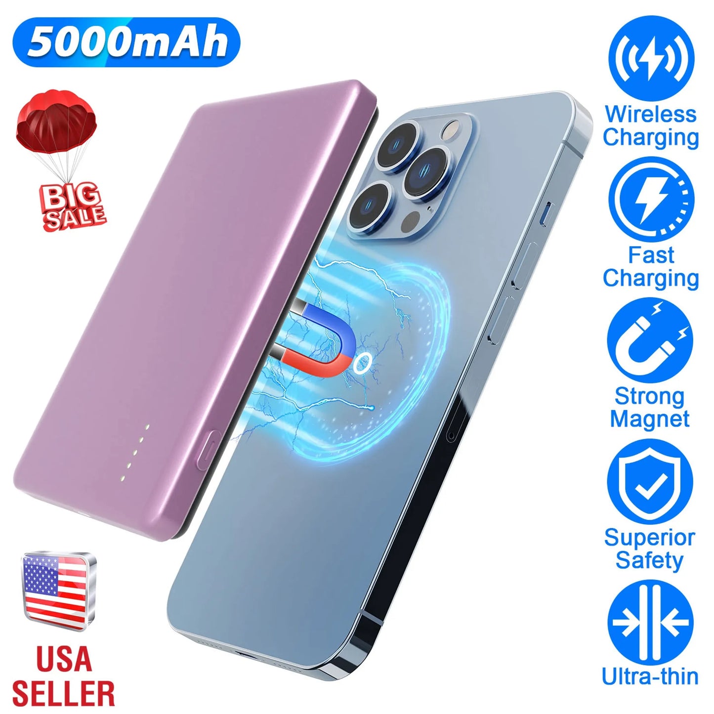 2 In 1 5000mAh 8MM Slim MagSafe Wireless Power Bank