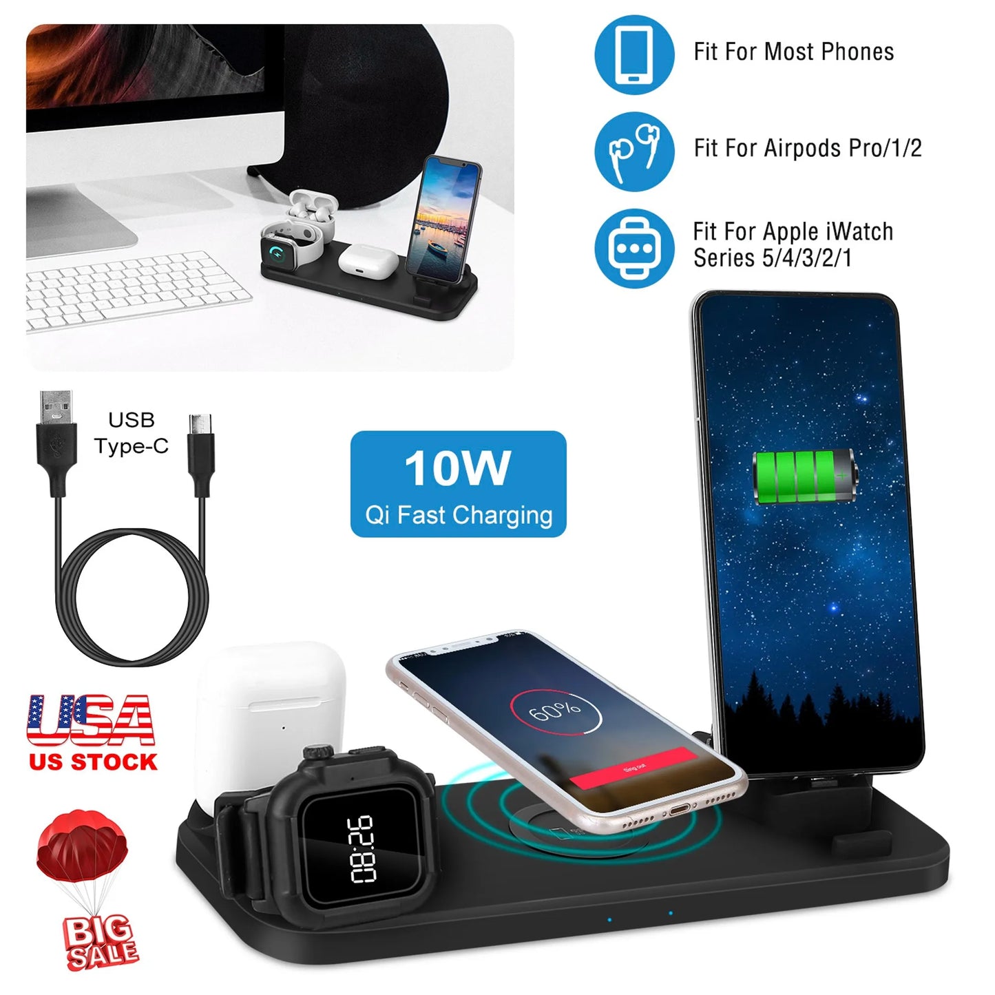 6 In 1 Qi Wireless Charger 10W Fast Charging