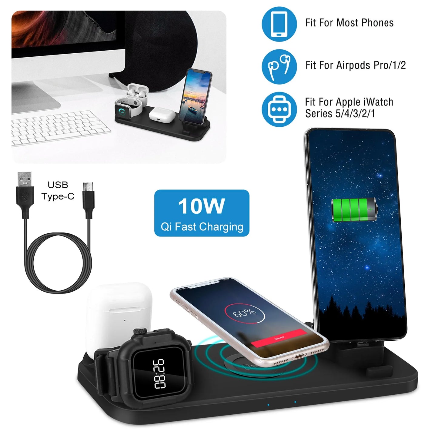 6 In 1 Qi Wireless Charger 10W Fast Charging