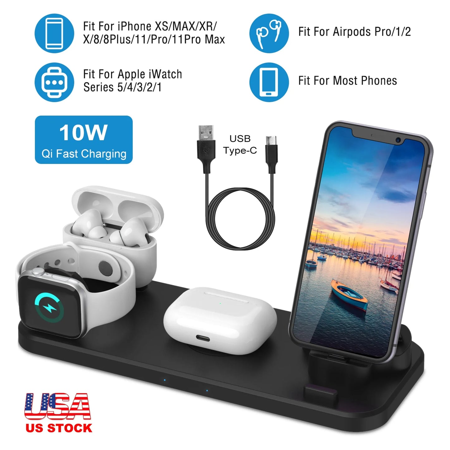 6 In 1 Qi Wireless Charger 10W Fast Charging