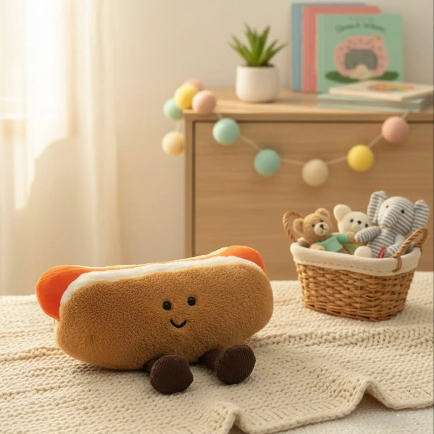 Hot Dog Plush Toy with Cute Dangly Feet  Kawaii Soft Toy for Kids & Adults