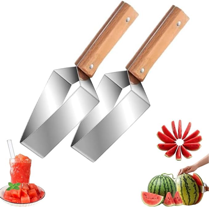 2pcs Stainless Steel Watermelon Cutter, Triangle Fruit Slicer with Wooden Handle, Melon Divider Tool for Watermelon, Cantaloupe and Honeydew, Kitchen Gadget for Picnic and BBQ BST326H