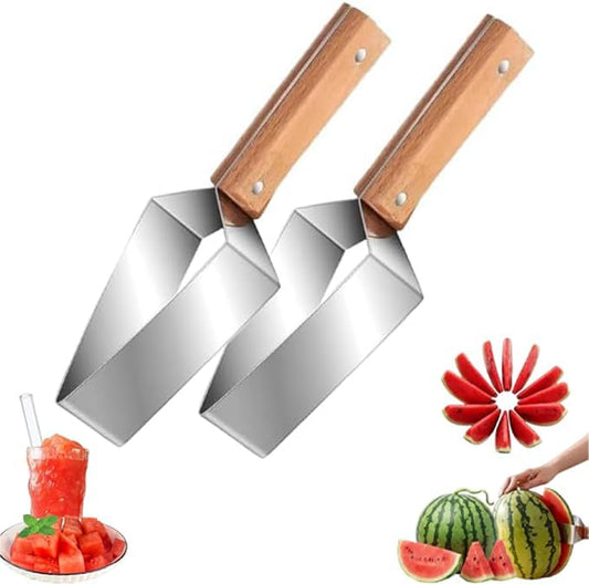 2pcs Stainless Steel Watermelon Cutter, Triangle Fruit Slicer with Wooden Handle, Melon Divider Tool for Watermelon, Cantaloupe and Honeydew, Kitchen Gadget for Picnic and BBQ BST326H