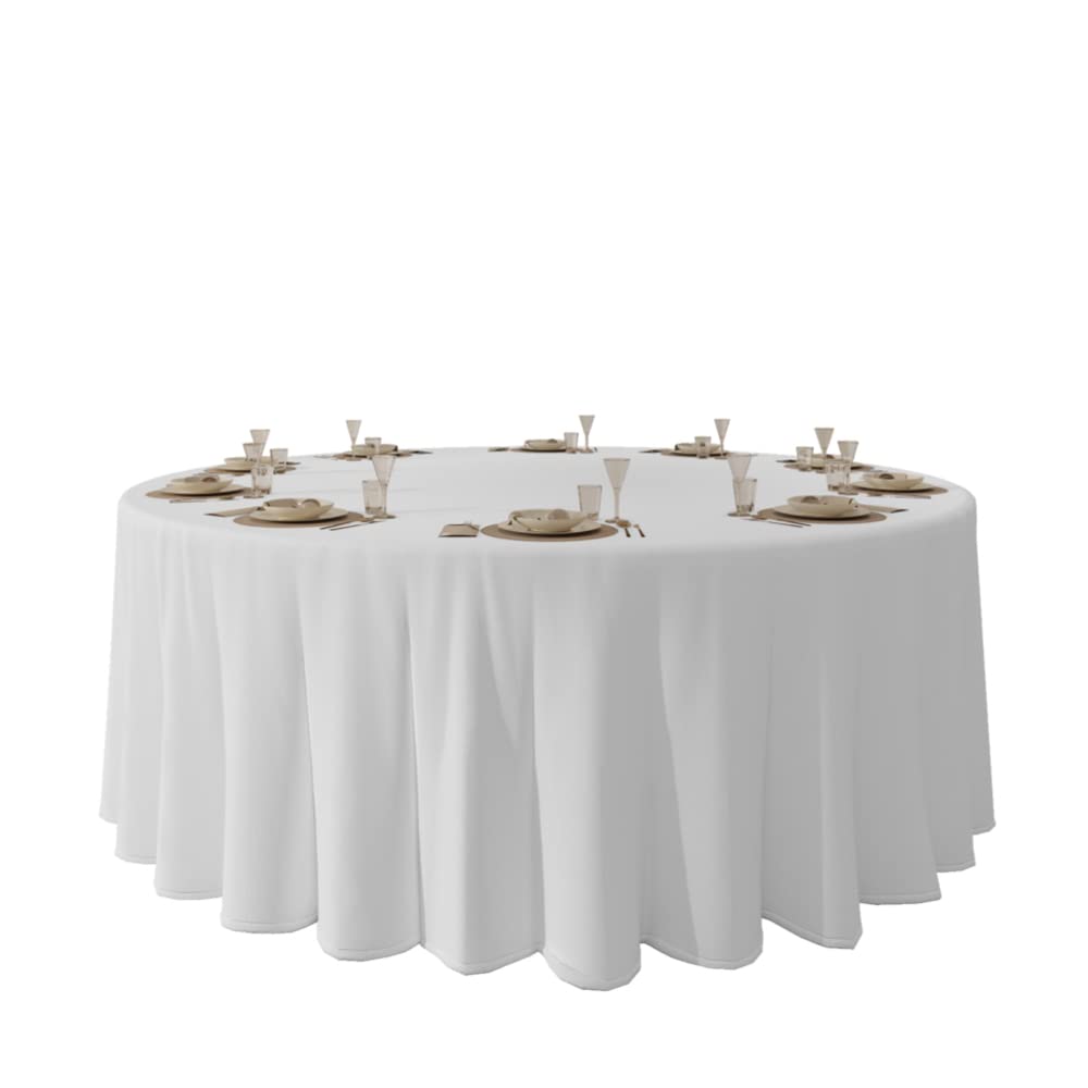 Urby 120 inches Large White Round Tablecloth for 5-6ft Round Folding Table That Seats 6-8 Guests, for Table with 6 Chairs. Ideal for Party, Wedding, Banquet and Events. BST220