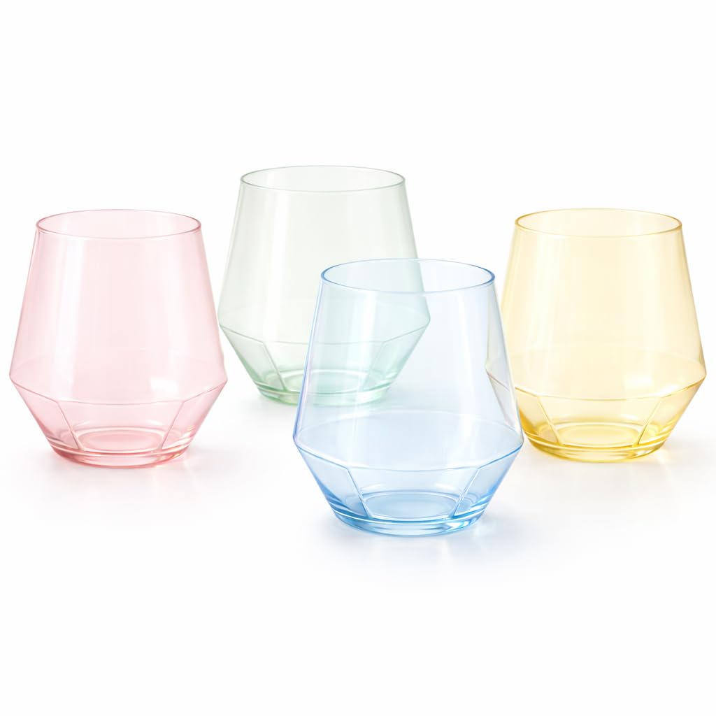 Oojami 40 Pack Diamond Disposable Plastic Wine Glasses 12oz for Parties | Stemless Wine Cups, Champagne Cocktail Whiskey - Shatterproof Unbreakable Reusable Recyclable BPA-Free, Weddings Birthday BST220
