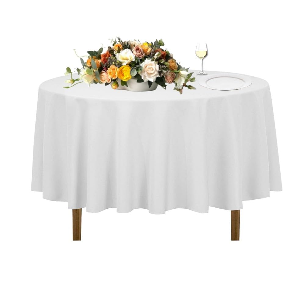Urby 120 inches Large White Round Tablecloth for 5-6ft Round Folding Table That Seats 6-8 Guests, for Table with 6 Chairs. Ideal for Party, Wedding, Banquet and Events. BST220