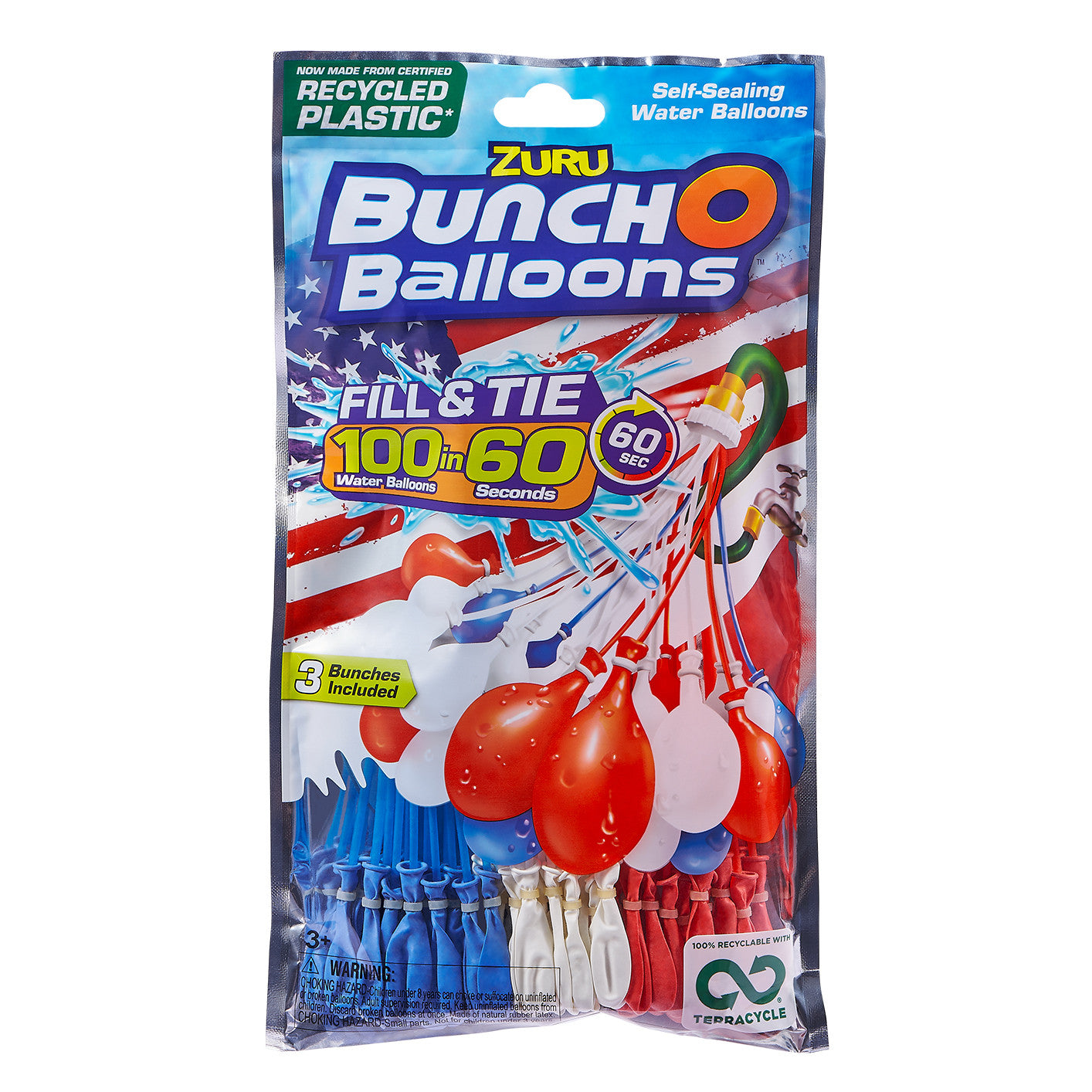 Zoofy Bunch O Balloons Rapid Fill, 100 Balloons, Patriotic Colors