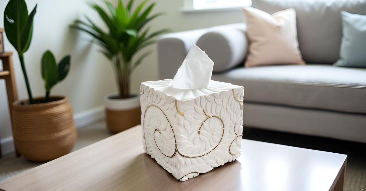 Square Tissue Box Cover Decorative Kleenex Box Holder for Bathroom & Living Room with Handcrafted Texture (colla Gold) BST220