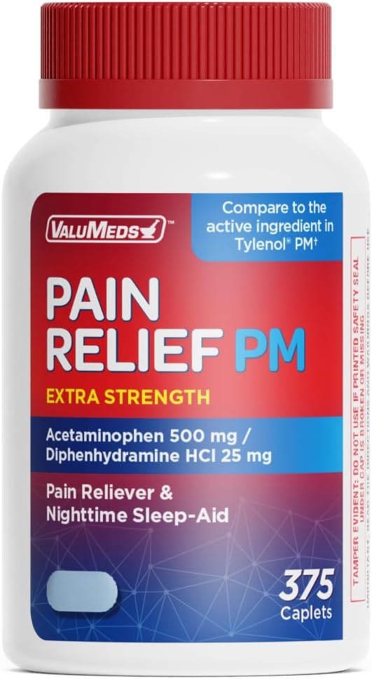ValuMeds Compare to Tylenol PM PM Pain Reliever & Sleep Aid, Generic Acetaminophen 500mg, Fast-Acting, Extra Strength for Headaches, Migraines, Aches | Non-Habit Forming (375 Count)